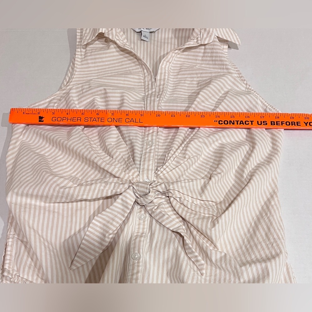 Nine West Womens Neutral Striped Sleeveless Front Knot Button-down Coastal Top L - Picture 10 of 14